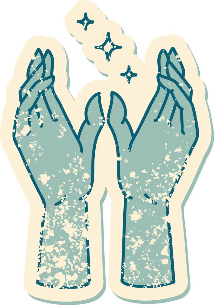 iconic distressed sticker tattoo style image of reaching hands vector