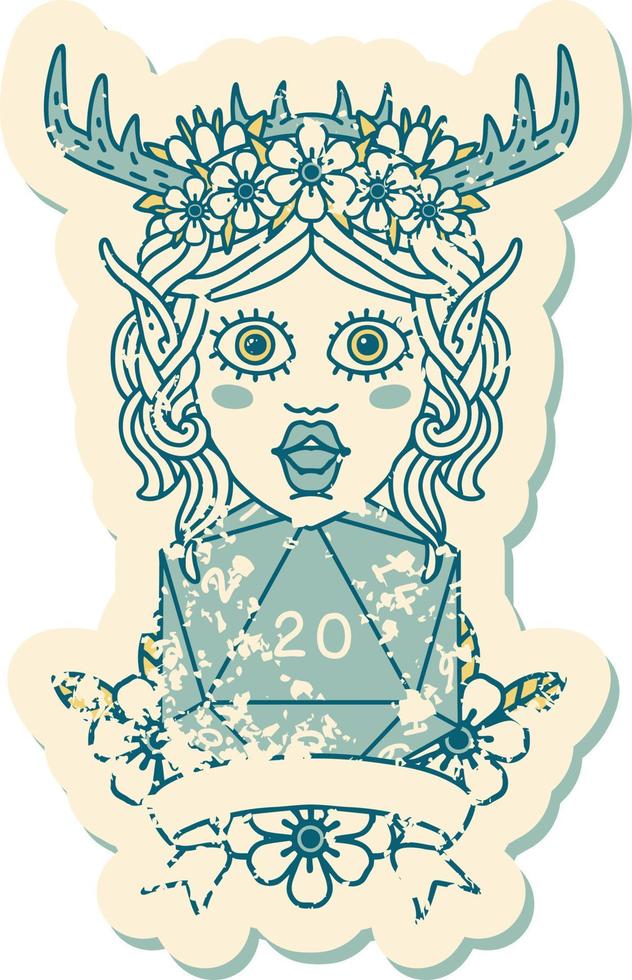 Retro Tattoo Style elf druid character with natural 20 dice roll vector