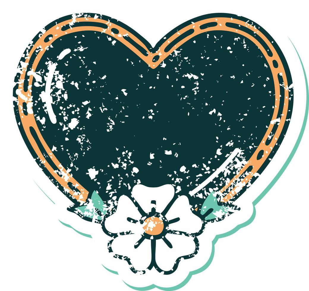 icónica imagen de estilo de tatuaje de pegatina angustiada de un corazón y una flor vector