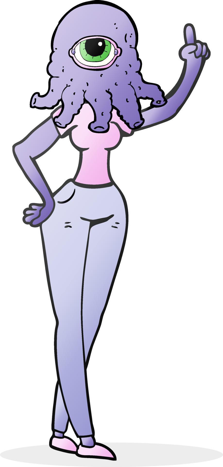 freehand drawn cartoon female alien with raised hand 12029034 Vector