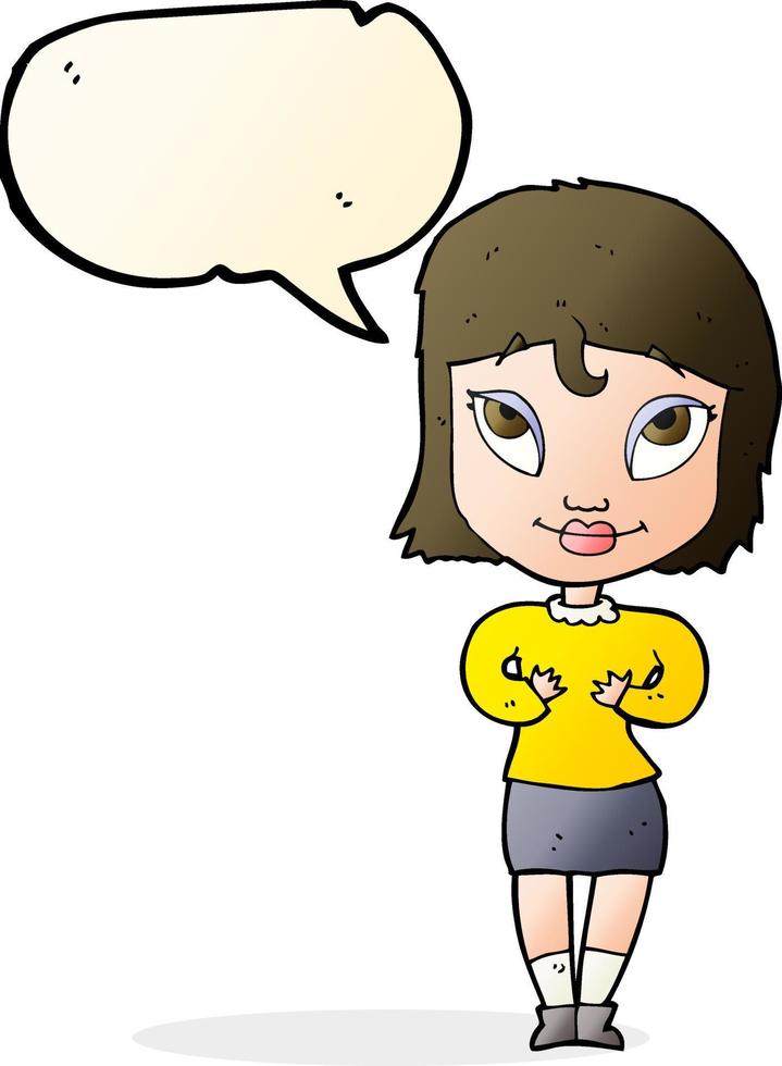 cartoon woman gesturing at self with speech bubble vector