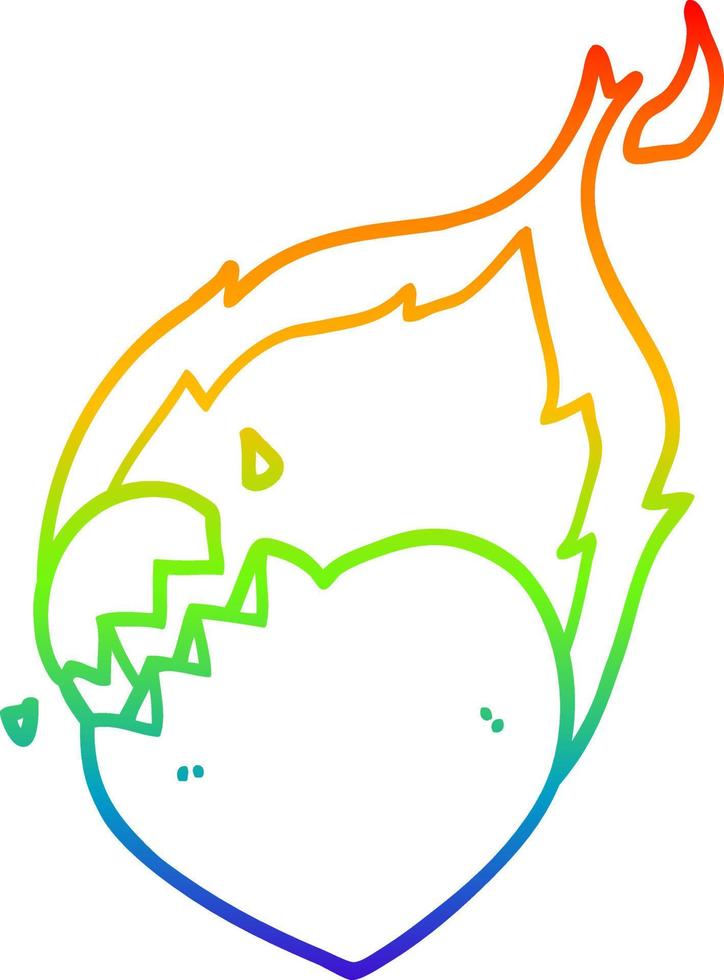 dibujo de línea de gradiente de arco iris corazón llameante de dibujos animados vector