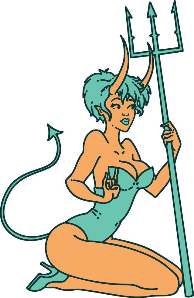 imagen icónica de estilo tatuaje de una chica diabólica pinup vector