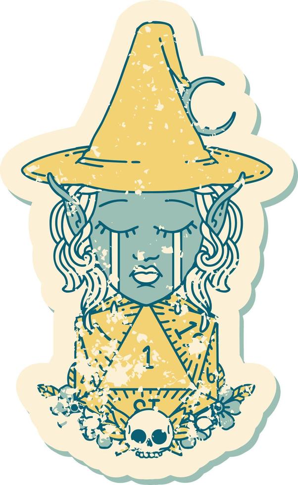 Retro Tattoo Style crying elf witch with natural one D20 roll vector