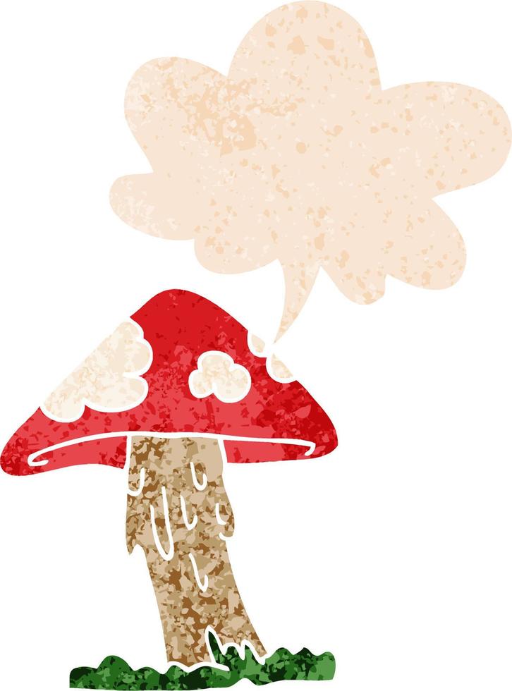 cartoon mushroom and speech bubble in retro textured style vector