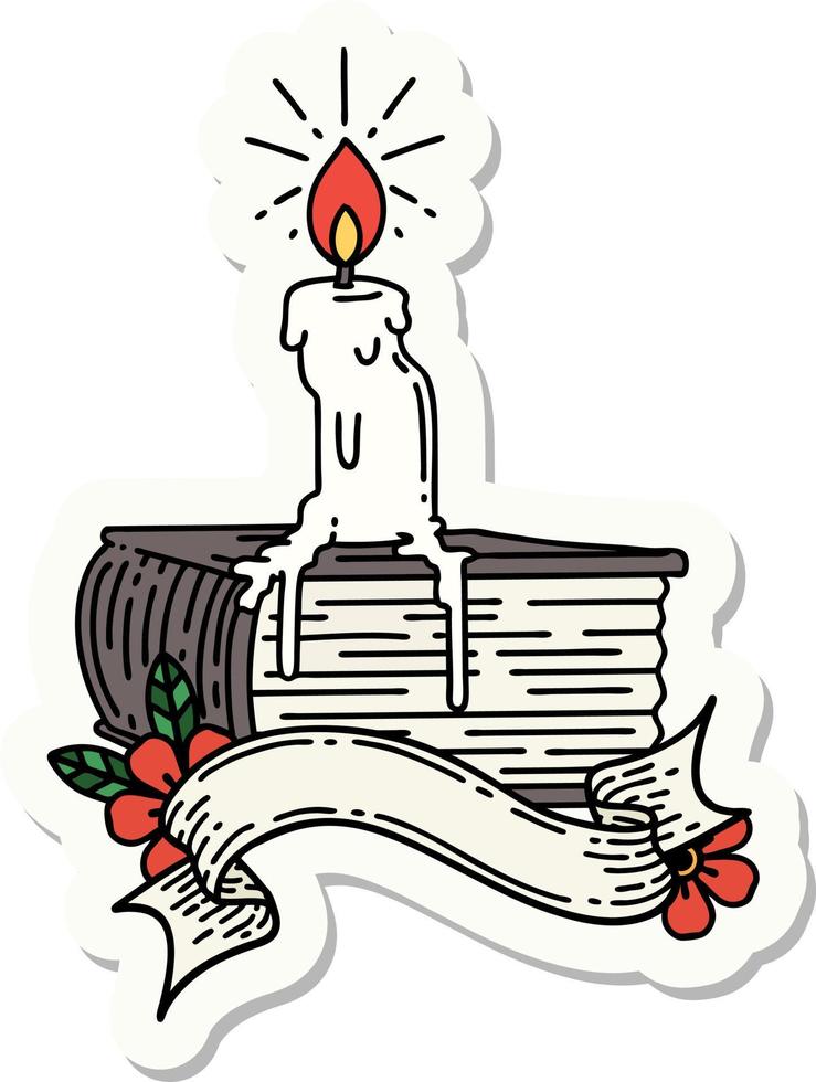 sticker of a tattoo style candle melting on book vector