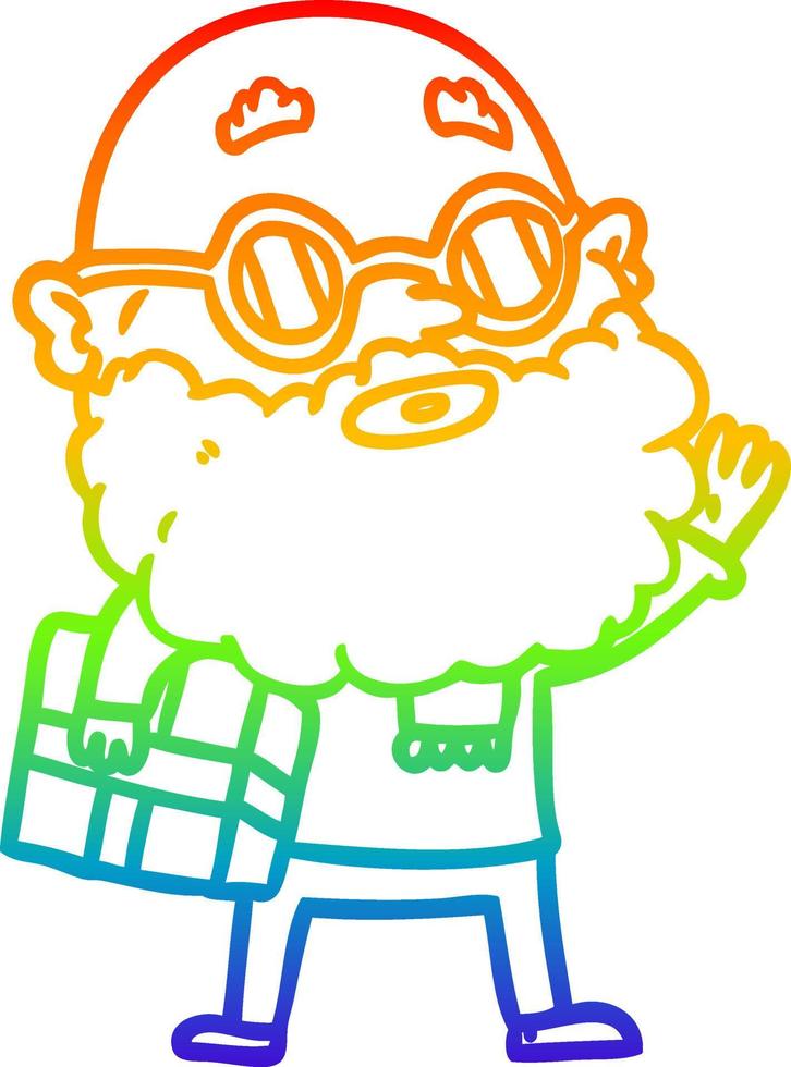 rainbow gradient line drawing cartoon curious man with beard sunglasses and present vector