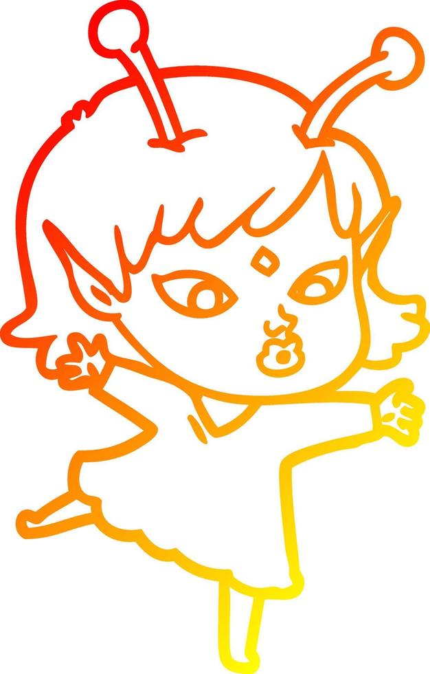 warm gradient line drawing pretty cartoon alien girl vector