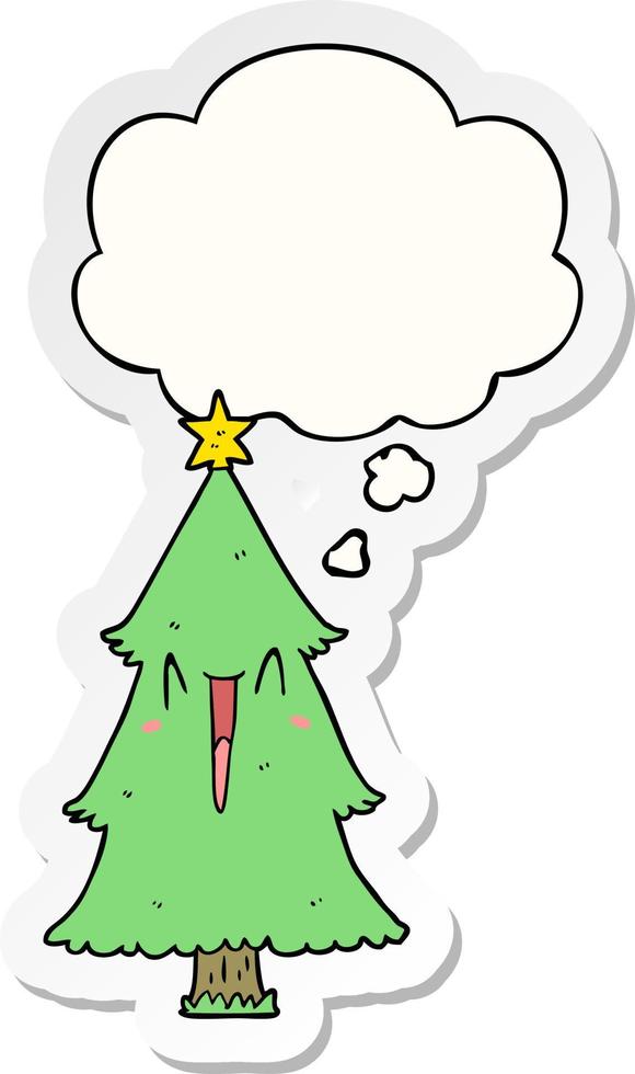 cartoon christmas tree and thought bubble as a printed sticker vector