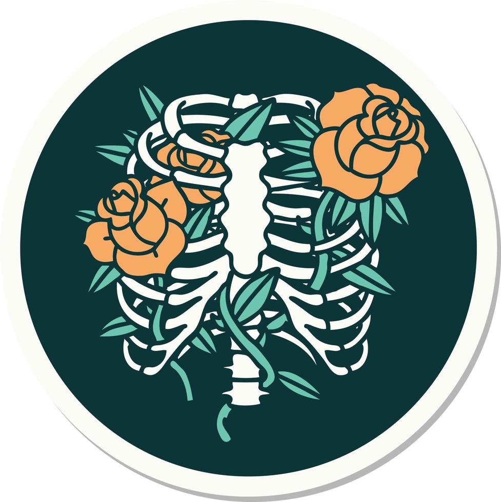 sticker of tattoo in traditional style of a rib cage and flowers vector