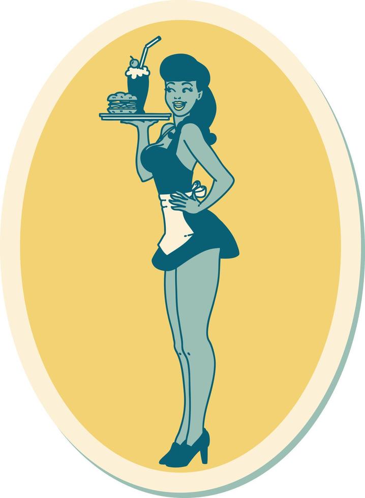 sticker of tattoo in traditional style of a pinup waitress girl vector