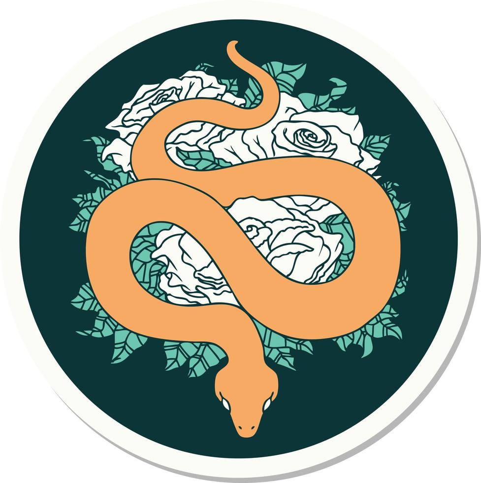 sticker of tattoo in traditional style of snake and roses vector