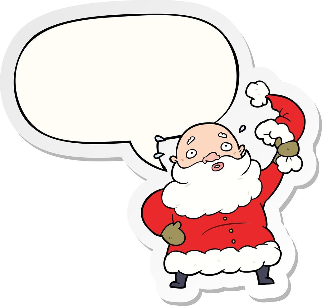 cartoon santa claus waving his hat and speech bubble sticker vector