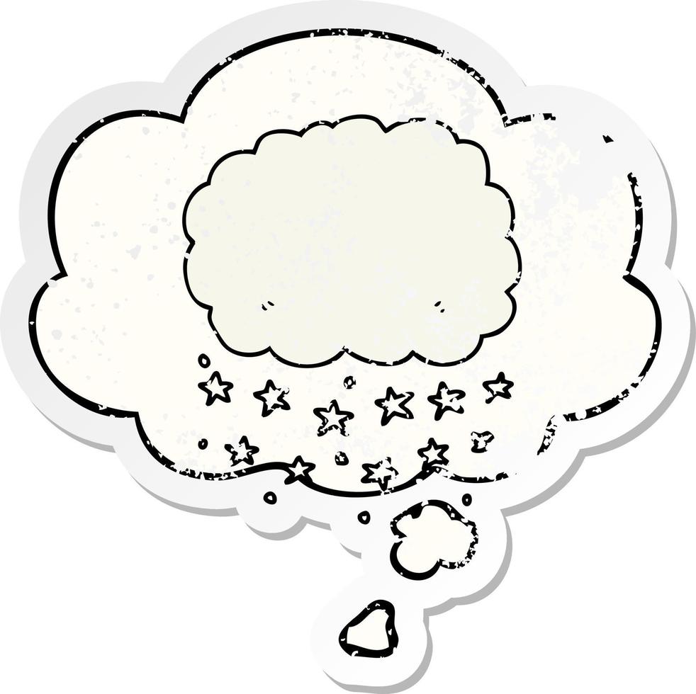 cartoon rain cloud and thought bubble as a distressed worn sticker vector