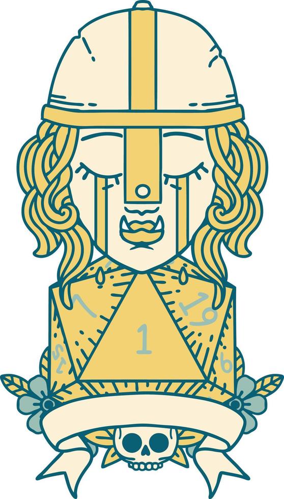 Retro Tattoo Style crying orc fighter character with natural one D20 roll vector