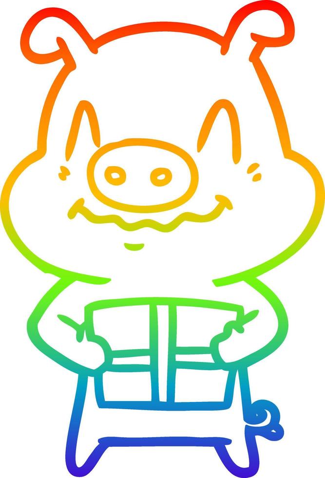 rainbow gradient line drawing nervous cartoon pig with present vector