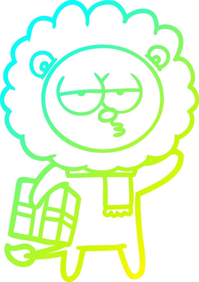 cold gradient line drawing cartoon tired lion with gift vector