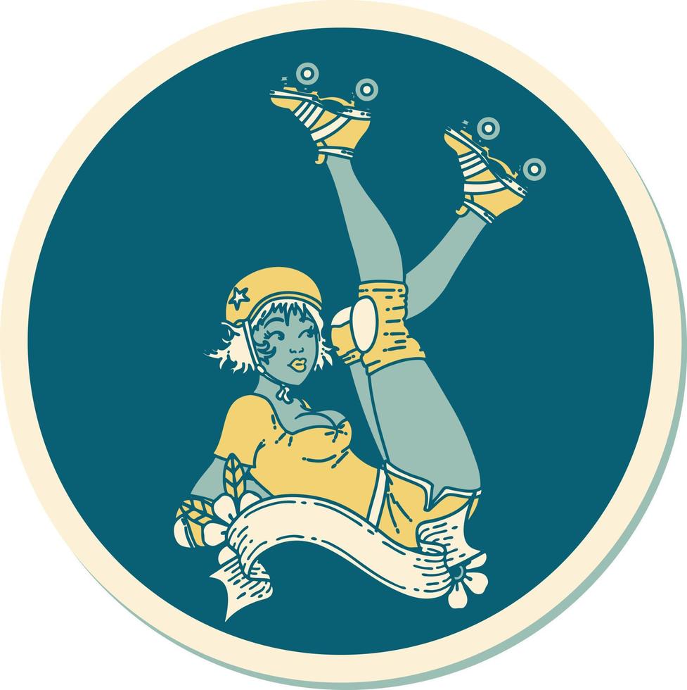 sticker of tattoo in traditional style of a pinup roller derby girl with banner vector