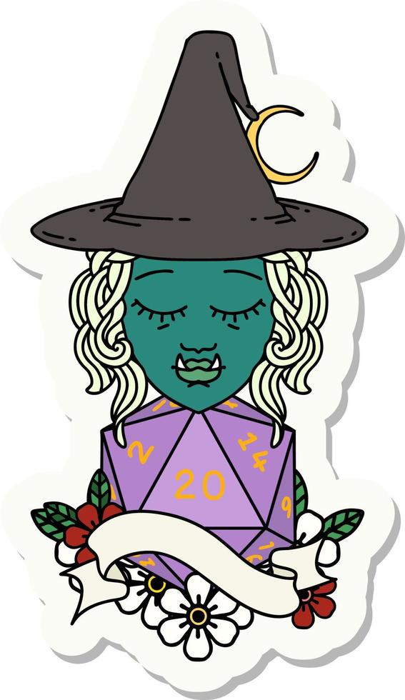 sticker of a half orc witch character with natural twenty dice roll vector