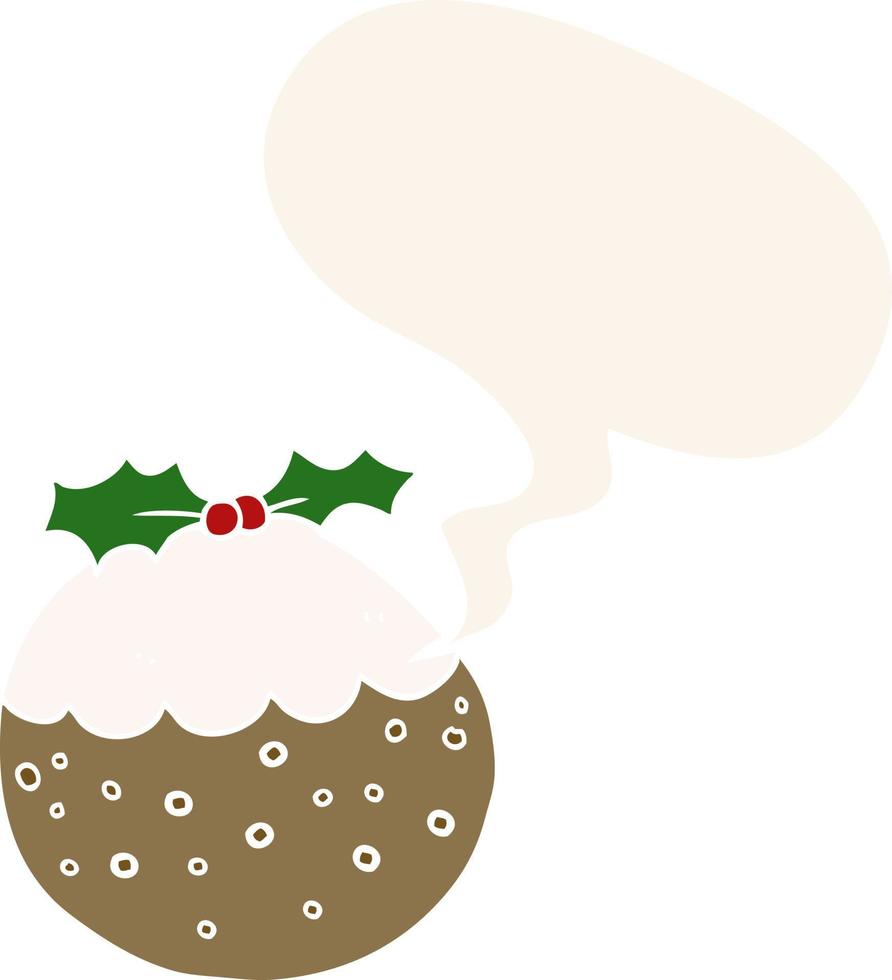 cartoon christmas pudding and speech bubble in retro style vector