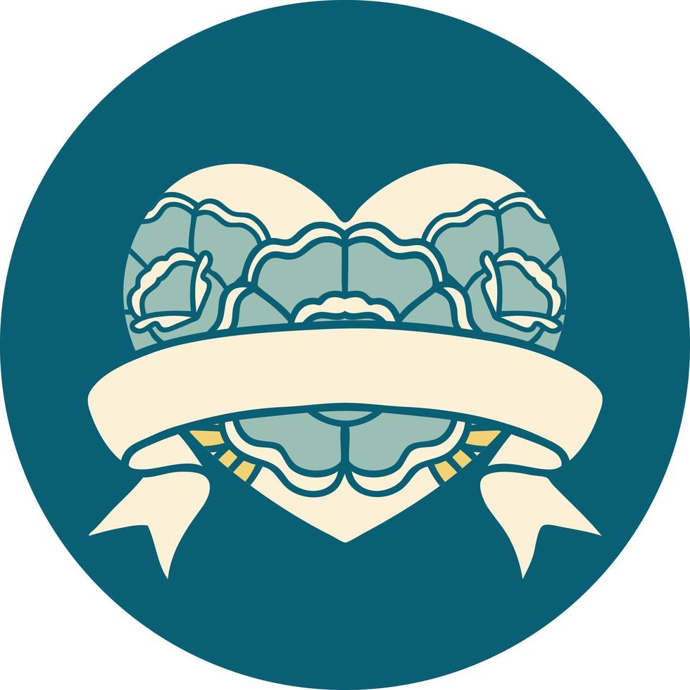 iconic tattoo style image of a heart and banner with flowers vector
