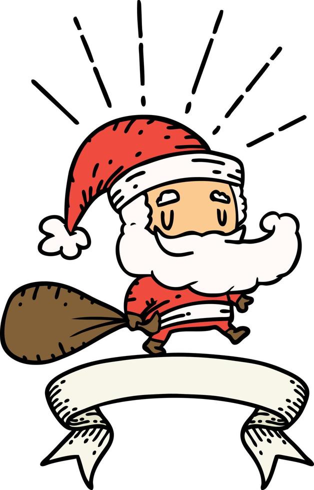 scroll banner with tattoo style santa claus christmas character with sack vector