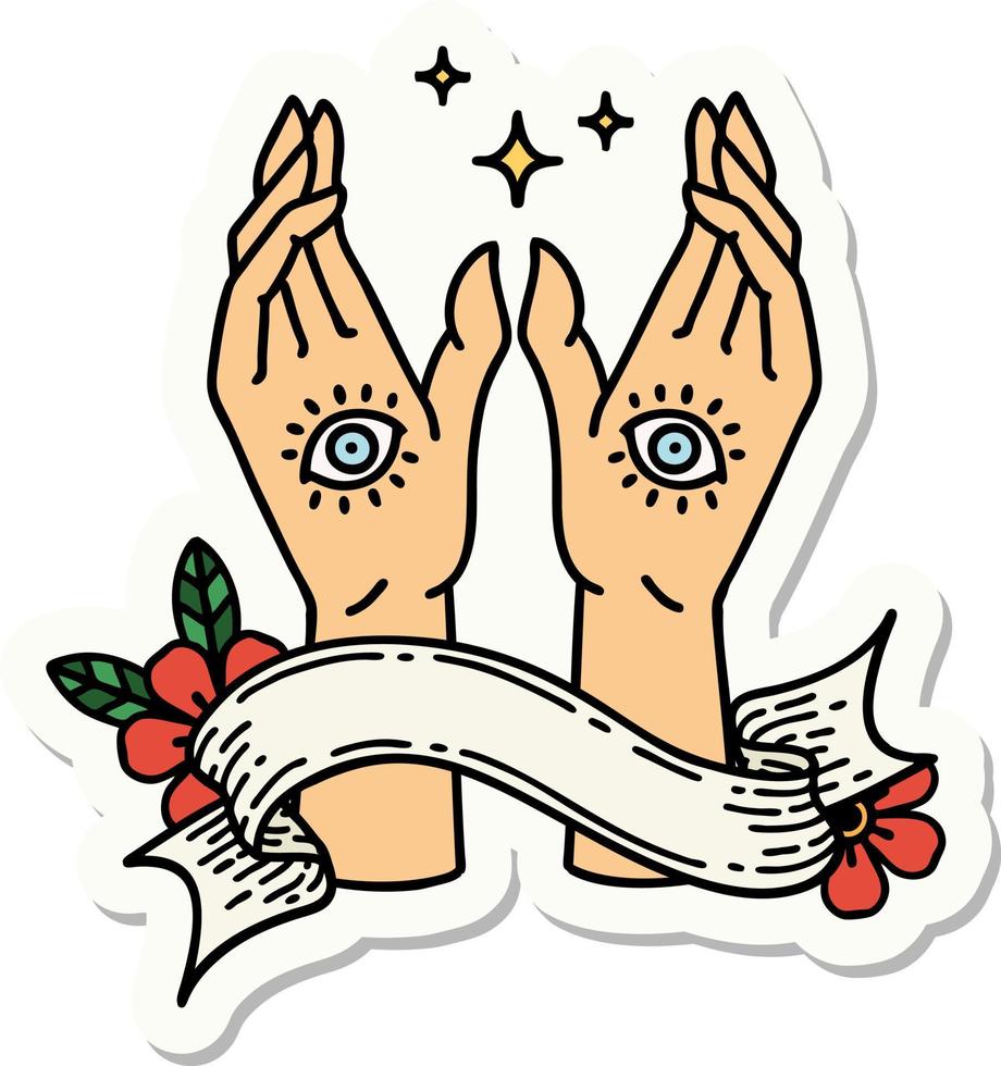 tattoo style sticker with banner of mystic hands vector