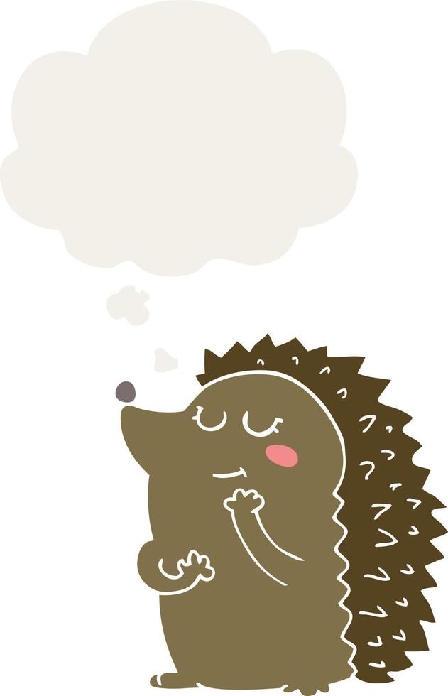 cute cartoon hedgehog and thought bubble in retro style vector