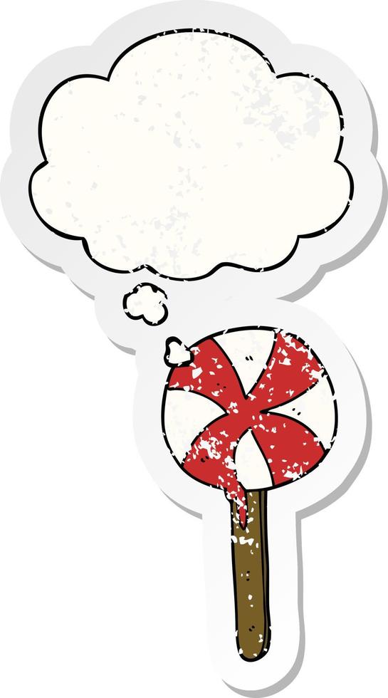 cartoon lollipop and thought bubble as a distressed worn sticker vector