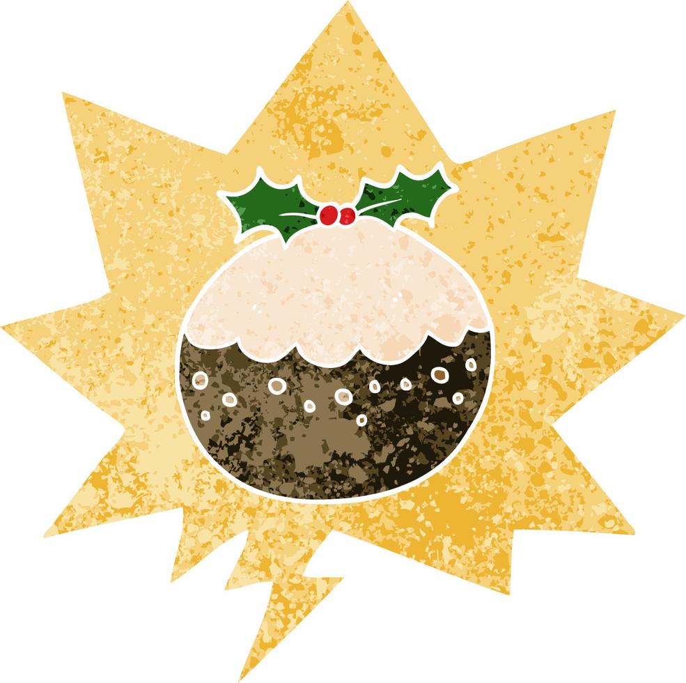 cartoon christmas pudding and speech bubble in retro textured style vector
