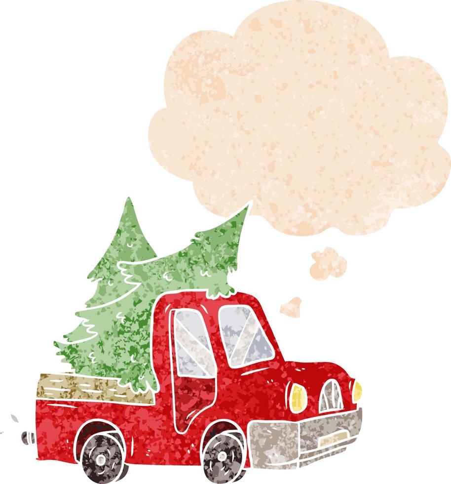 cartoon pickup truck carrying trees and thought bubble in retro textured style vector