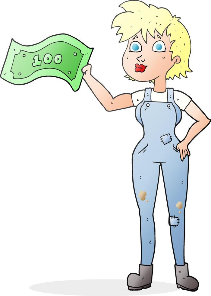 Mujer campesina confiada de dibujos animados dibujados a mano alzada con dinero vector