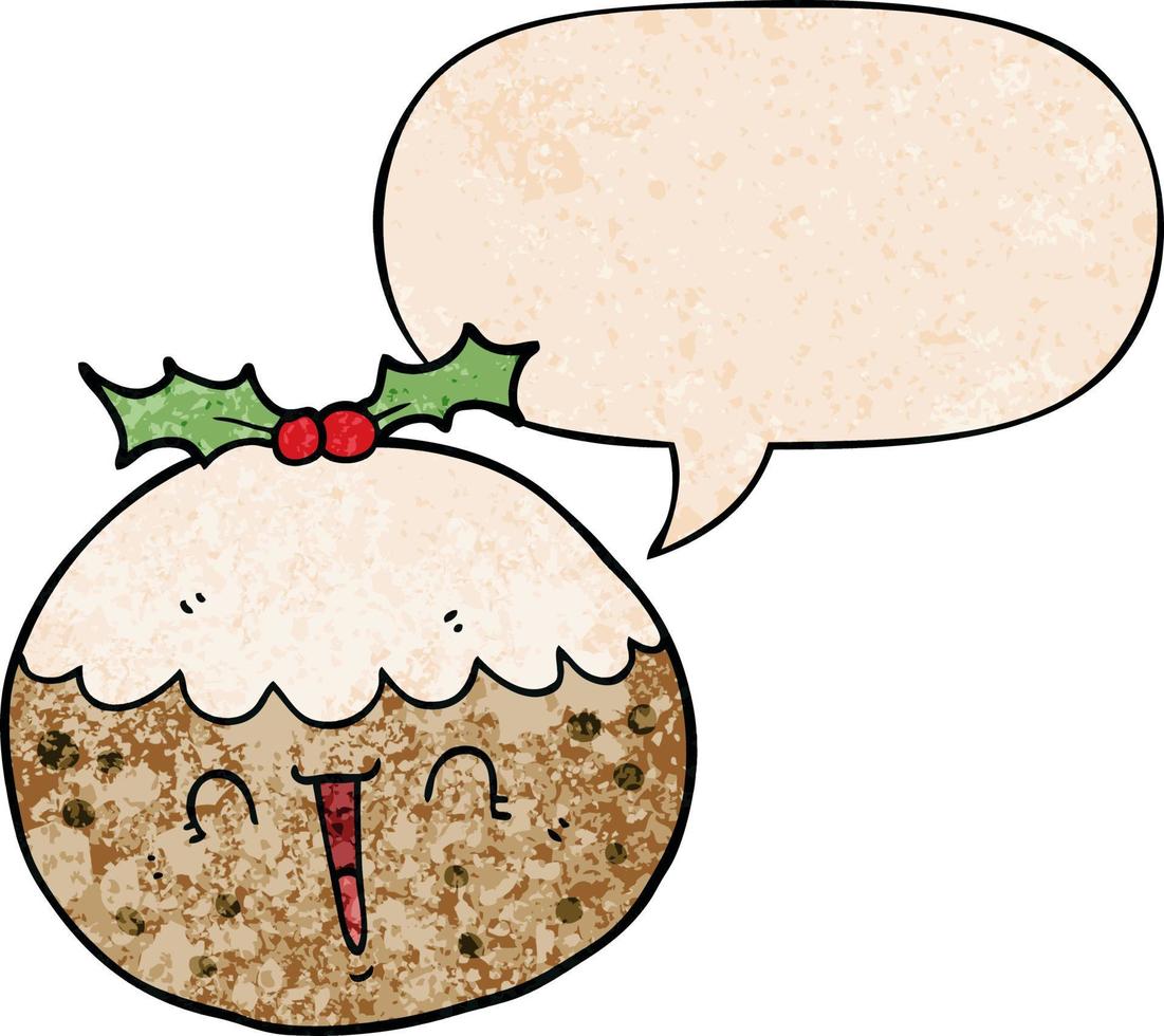 cute cartoon christmas pudding and speech bubble in retro texture style vector