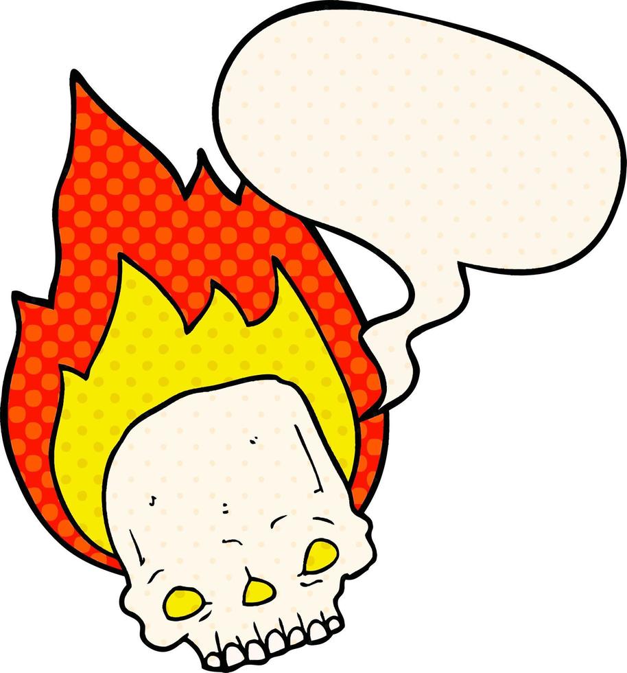 spooky cartoon flaming skull and speech bubble in comic book style vector