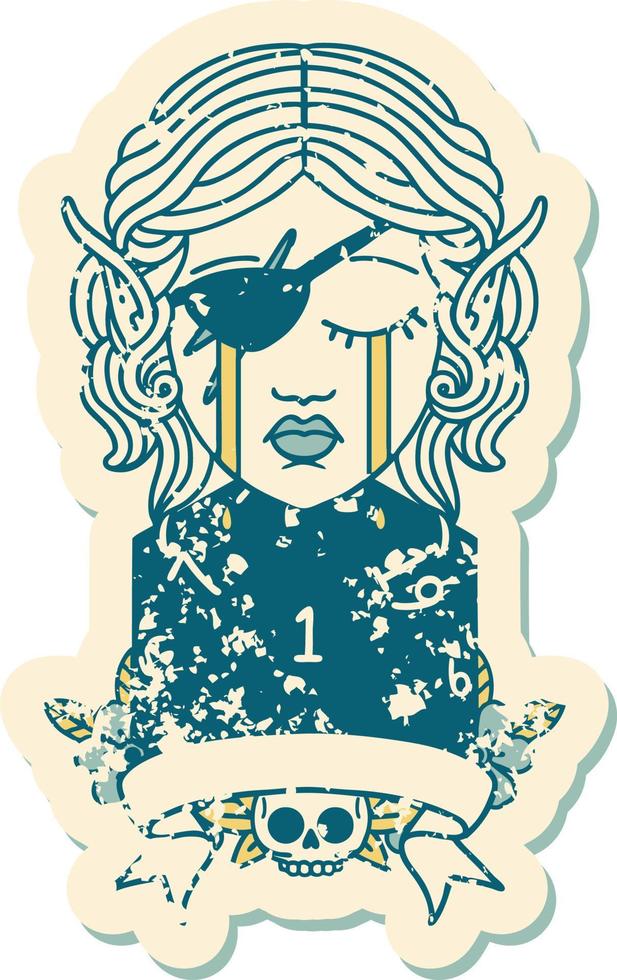Retro Tattoo Style crying elf rogue character with natural one D20 roll vector