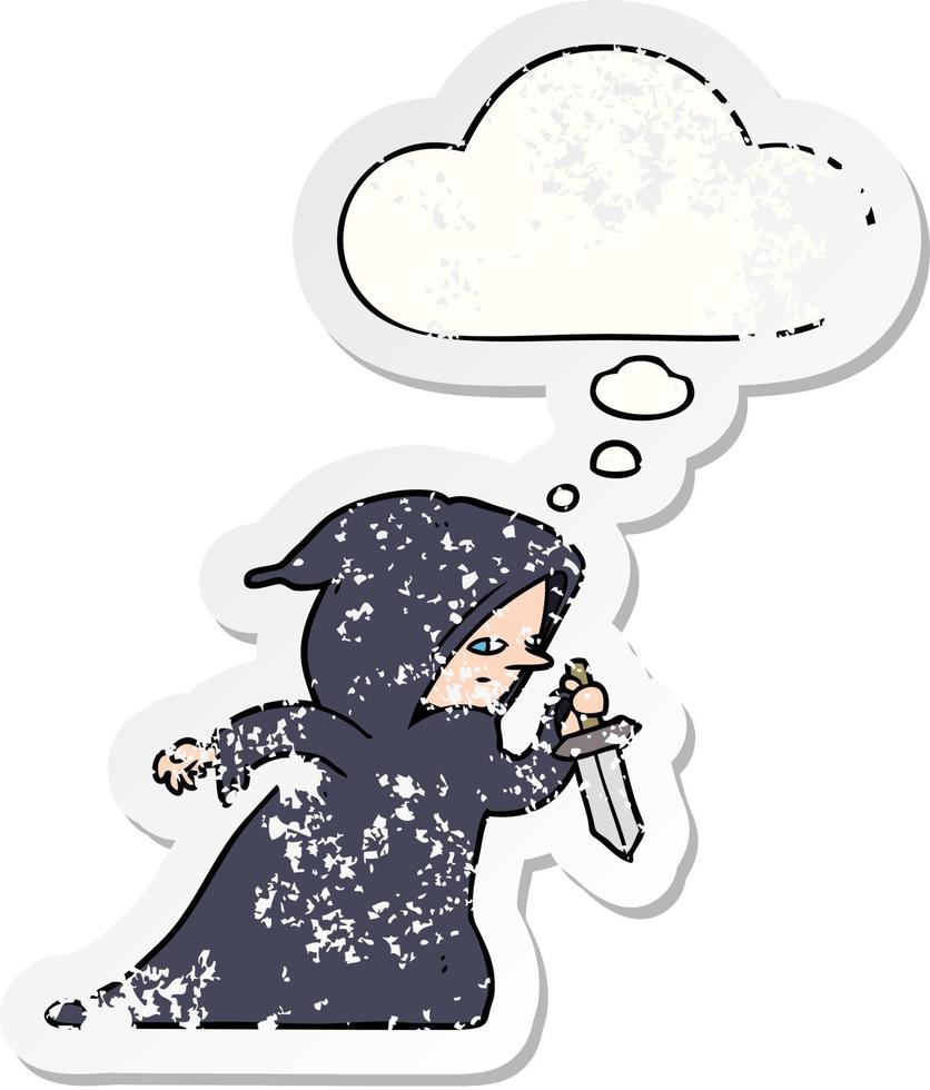 cartoon assassin and thought bubble as a distressed worn sticker vector