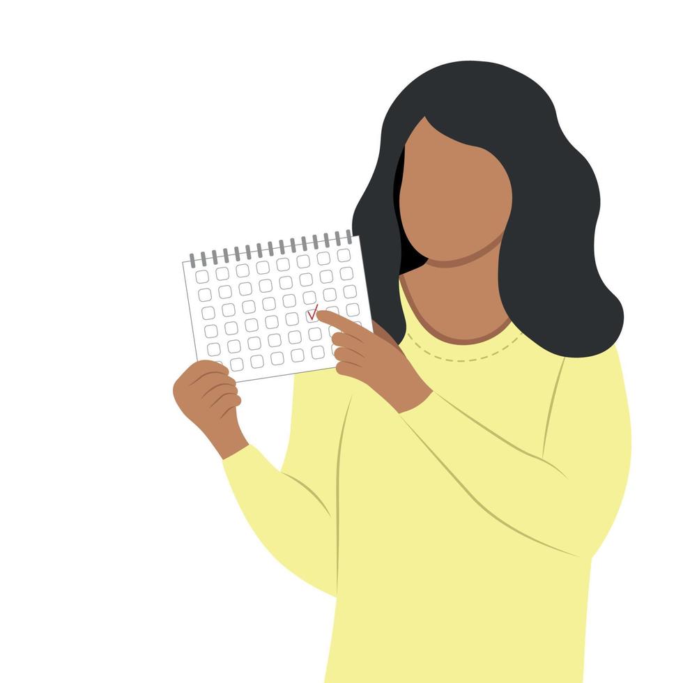 Indian girl looks at the calendar and points to the date, flat vector, isolate on white, woman with a calendar in her hands, faceless vector