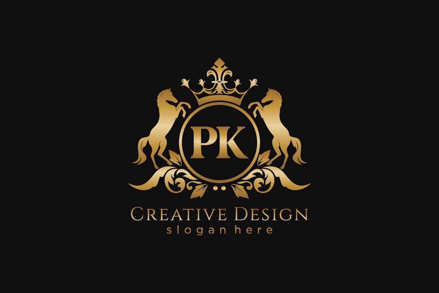 initial PK Retro golden crest with circle and two horses, badge template with scrolls and royal crown - perfect for luxurious branding projects vector