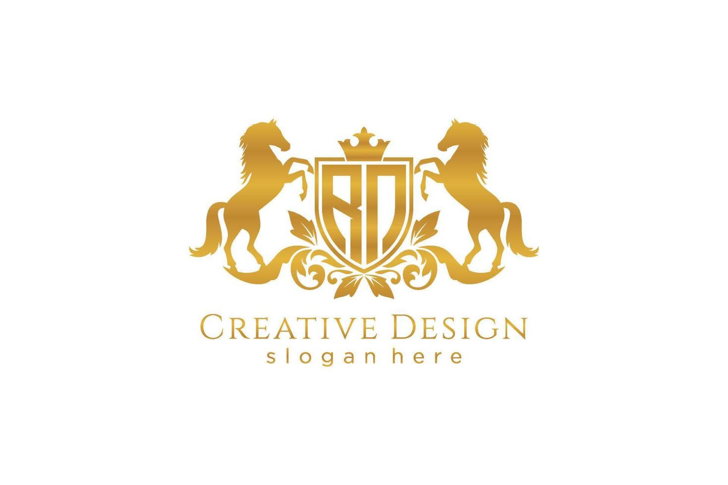 initial RN Retro golden crest with shield and two horses, badge template with scrolls and royal crown - perfect for luxurious branding projects vector
