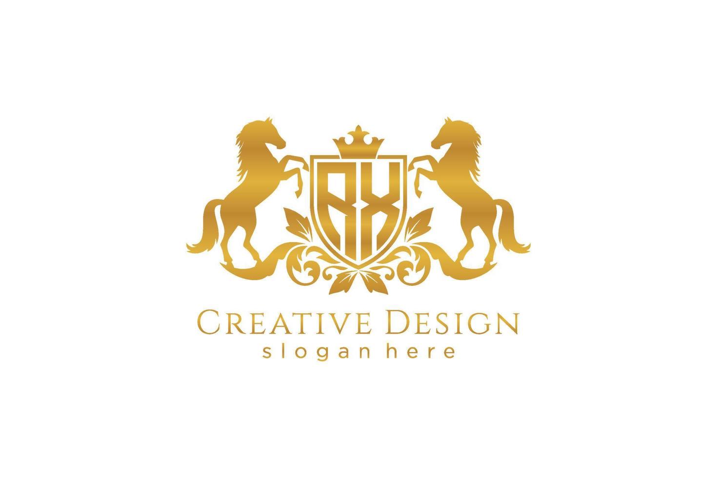 initial RX Retro golden crest with shield and two horses, badge template with scrolls and royal crown - perfect for luxurious branding projects vector