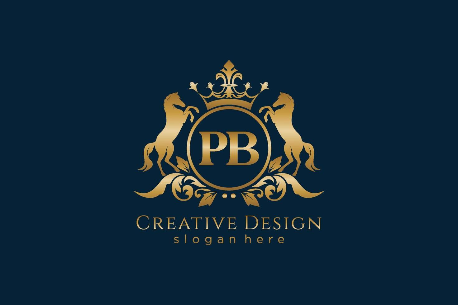 initial PB Retro golden crest with circle and two horses, badge template with scrolls and royal crown - perfect for luxurious branding projects vector