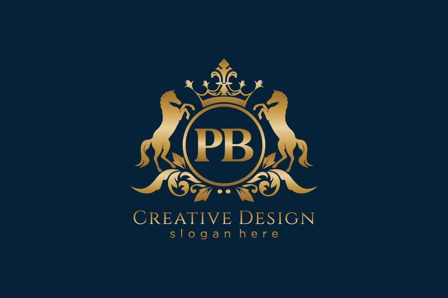initial PB Retro golden crest with circle and two horses, badge template with scrolls and royal crown - perfect for luxurious branding projects vector