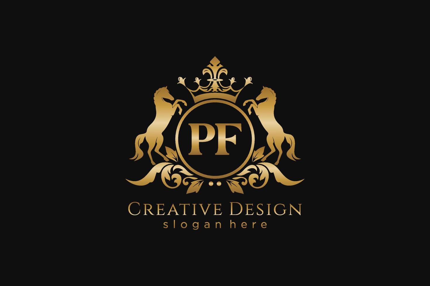 initial PF Retro golden crest with circle and two horses, badge template with scrolls and royal crown - perfect for luxurious branding projects vector