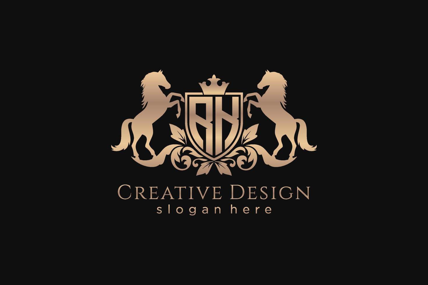 initial RK Retro golden crest with shield and two horses, badge template with scrolls and royal crown - perfect for luxurious branding projects vector