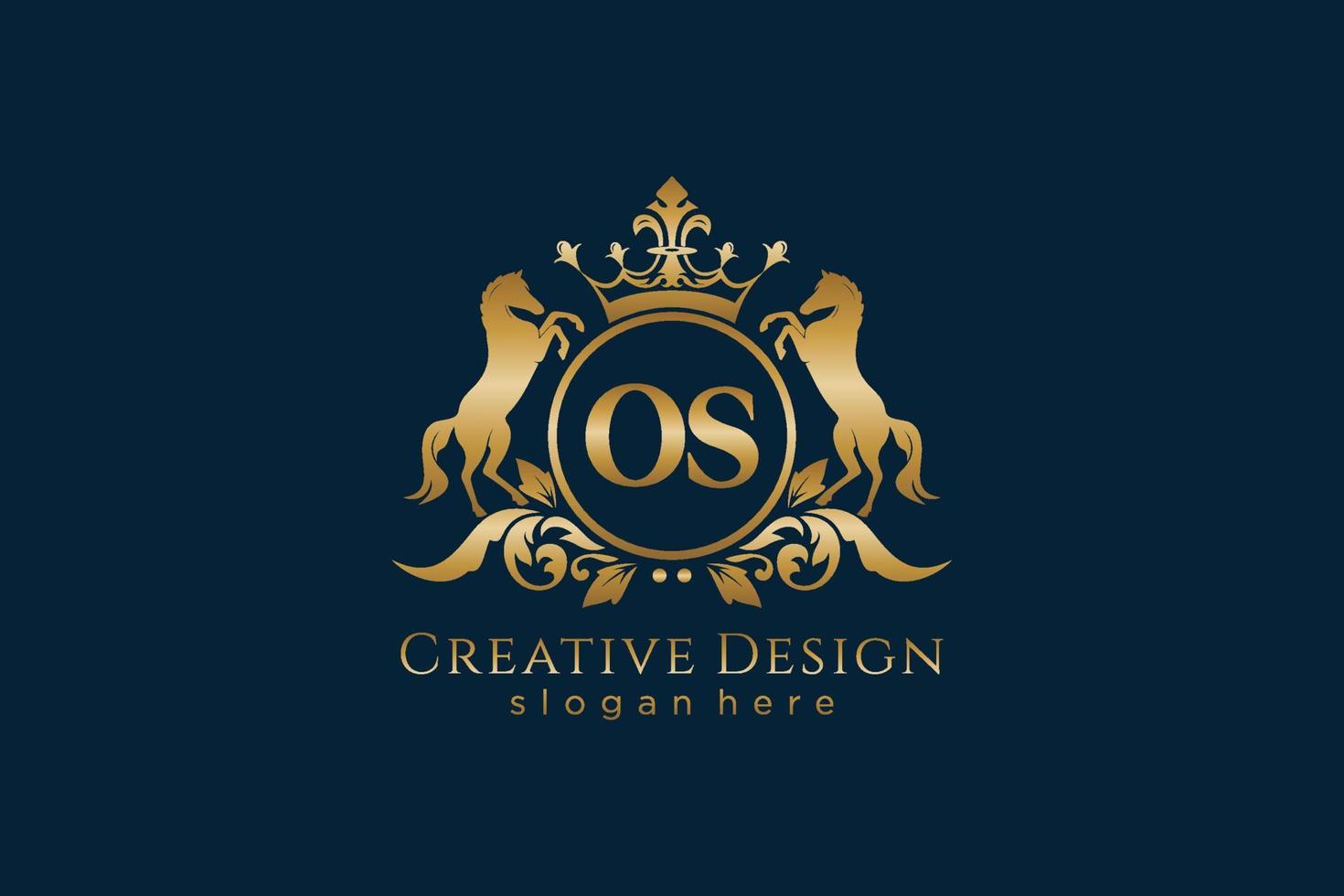 initial OS Retro golden crest with circle and two horses, badge template with scrolls and royal crown - perfect for luxurious branding projects vector