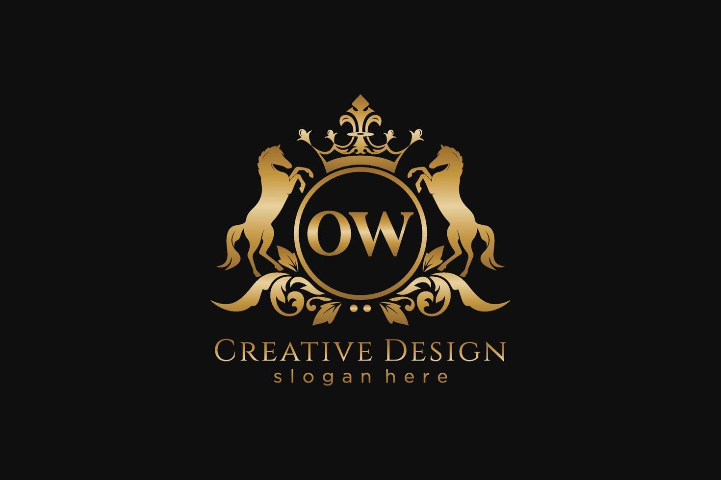 initial OW Retro golden crest with circle and two horses, badge template with scrolls and royal crown - perfect for luxurious branding projects vector