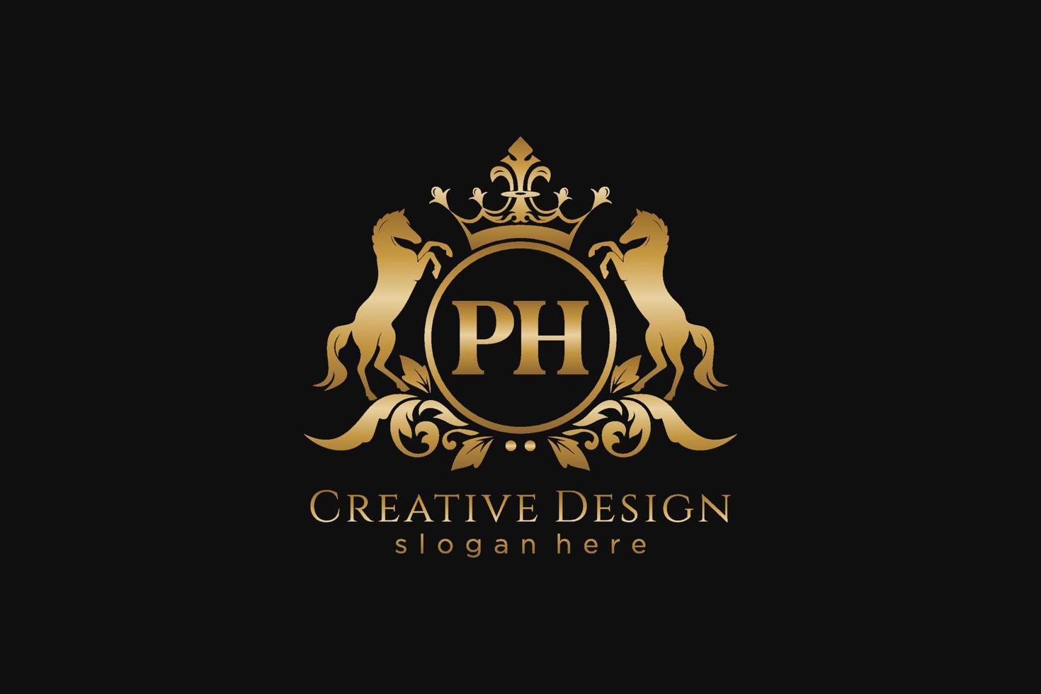initial PH Retro golden crest with circle and two horses, badge template with scrolls and royal crown - perfect for luxurious branding projects vector