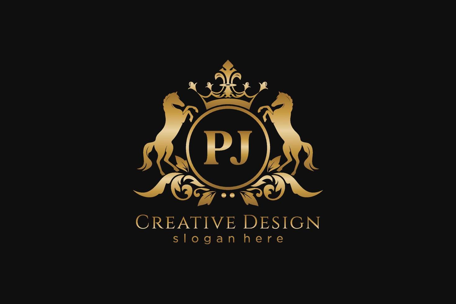 initial PJ Retro golden crest with circle and two horses, badge template with scrolls and royal crown - perfect for luxurious branding projects vector