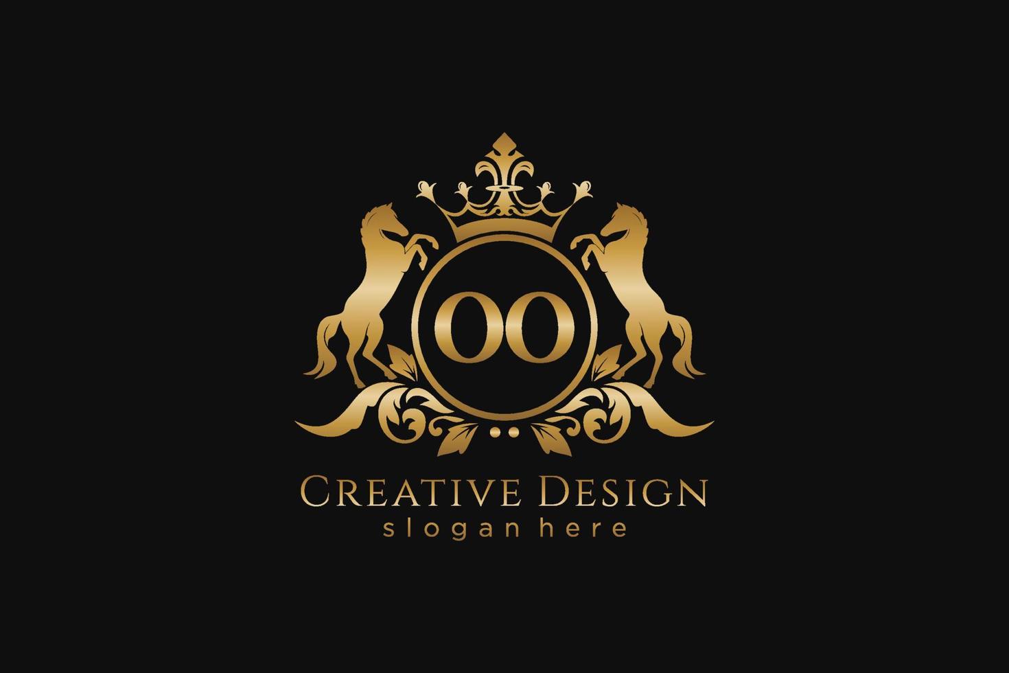 initial OO Retro golden crest with circle and two horses, badge template with scrolls and royal crown - perfect for luxurious branding projects vector