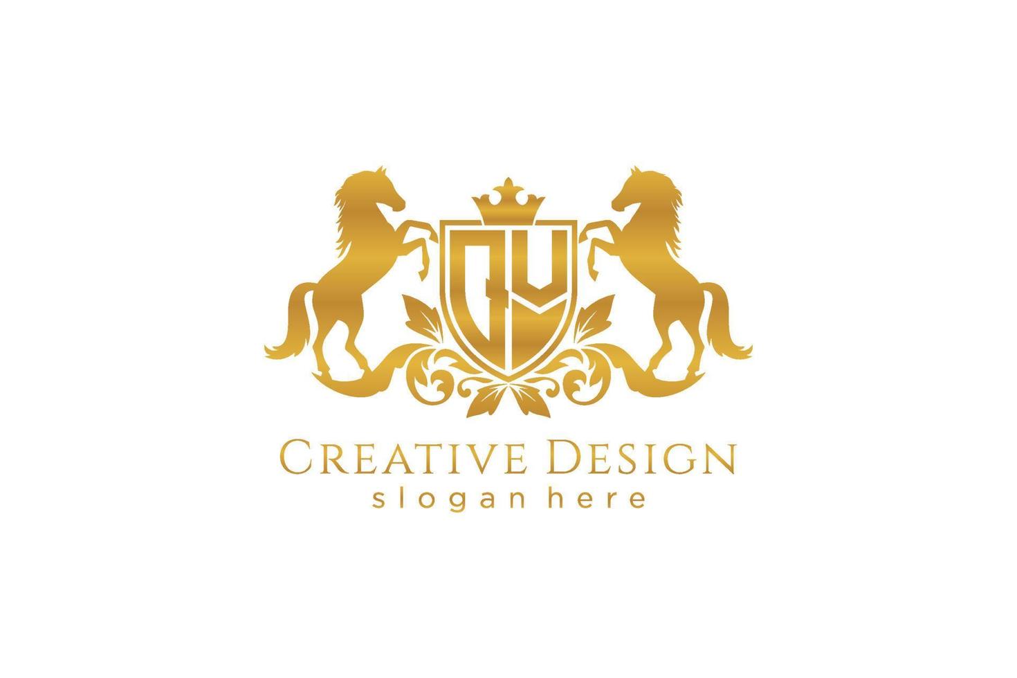 initial QV Retro golden crest with shield and two horses, badge template with scrolls and royal crown - perfect for luxurious branding projects vector